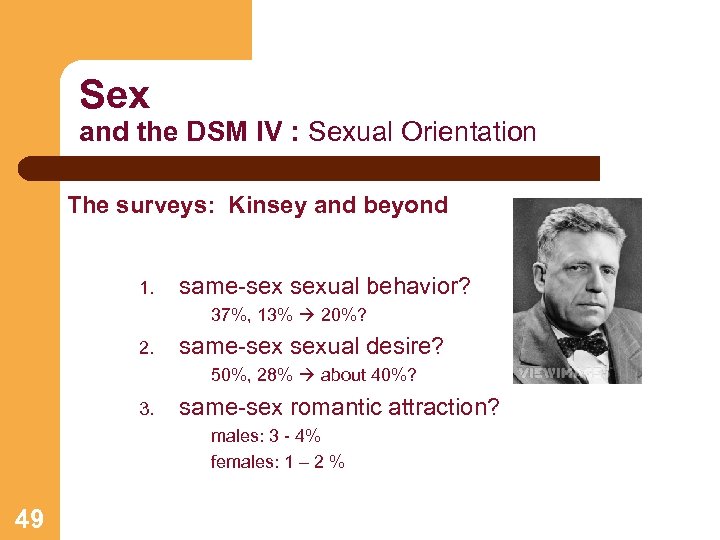 Sex and the DSM IV : Sexual Orientation The surveys: Kinsey and beyond 1.