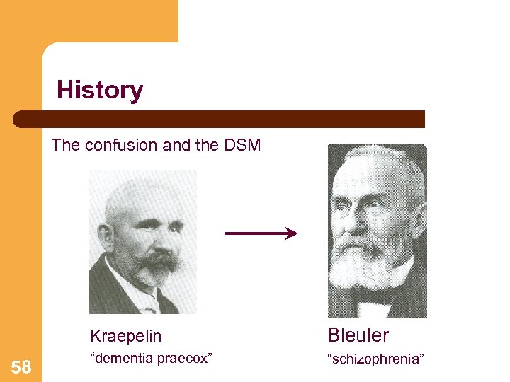 History The confusion and the DSM Kraepelin 58 Bleuler “dementia praecox” “schizophrenia” 