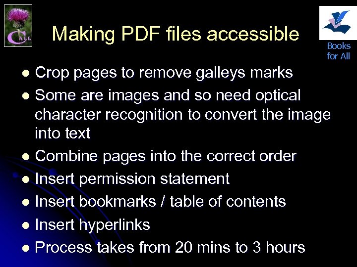 Making PDF files accessible Books for All Crop pages to remove galleys marks l