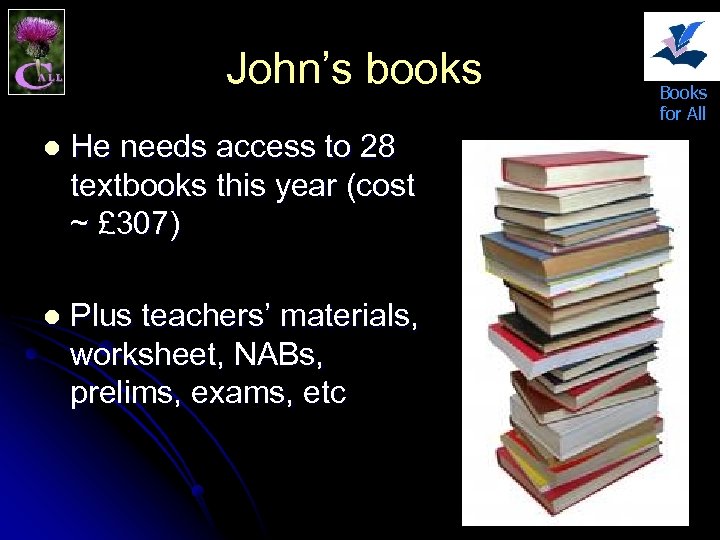 John’s books l He needs access to 28 textbooks this year (cost ~ £