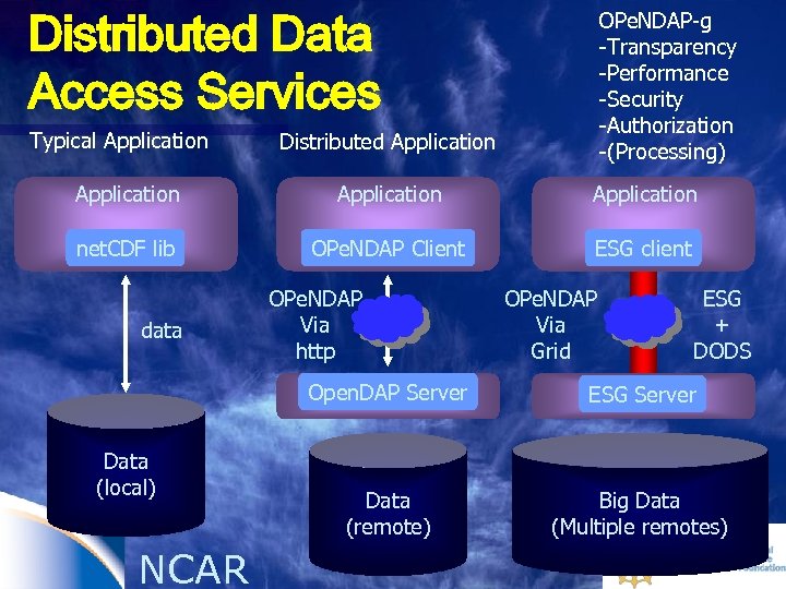 Distributed Data Access Services Typical Application OPe. NDAP-g -Transparency -Performance -Security -Authorization -(Processing) Distributed