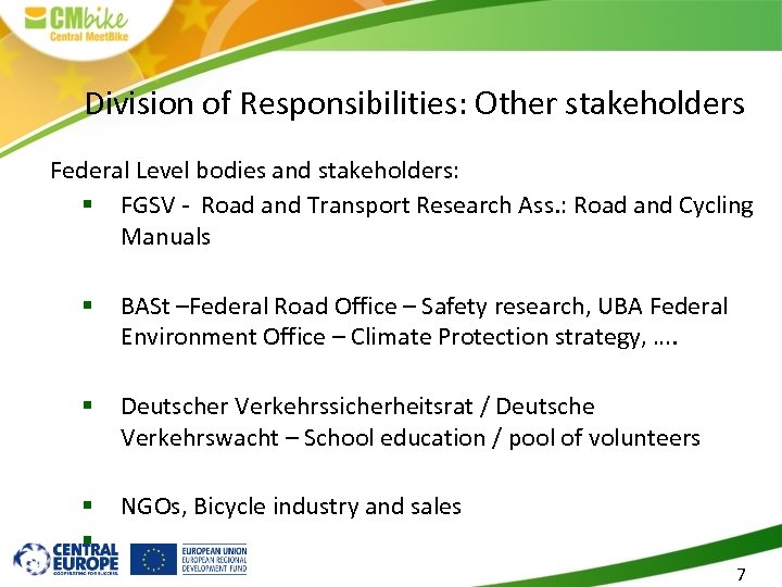 Division of Responsibilities: Other stakeholders Federal Level bodies and stakeholders: § FGSV - Road