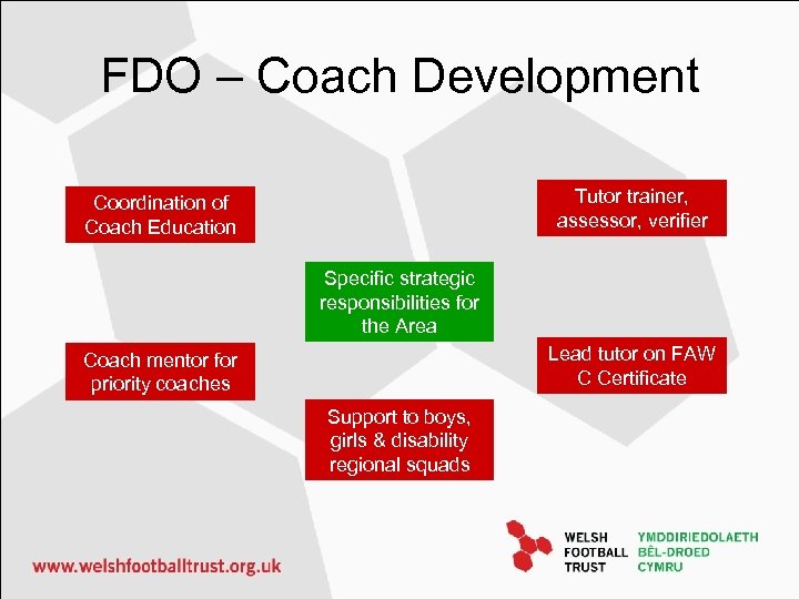 FDO – Coach Development Tutor trainer, assessor, verifier Coordination of Coach Education Specific strategic