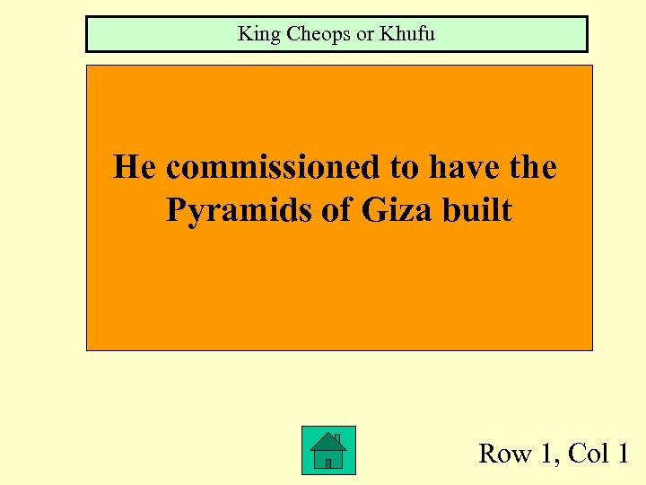 King Cheops or Khufu He commissioned to have the Pyramids of Giza built Row