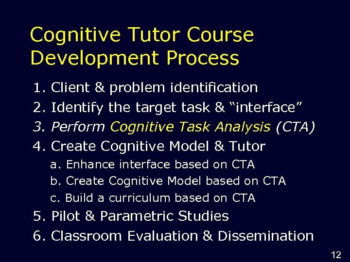 Cognitive Tutor Course Development Process 1. 2. 3. 4. Client & problem identification Identify