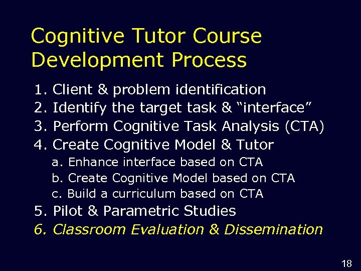 Cognitive Tutor Course Development Process 1. 2. 3. 4. Client & problem identification Identify