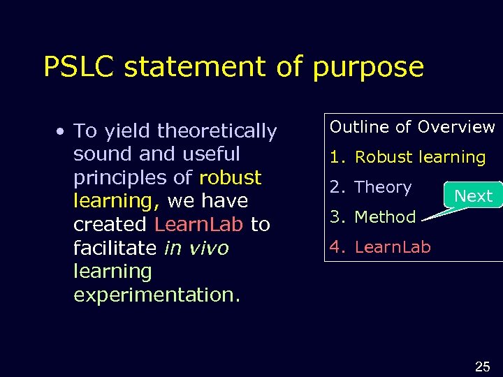 PSLC statement of purpose • To yield theoretically sound and useful principles of robust