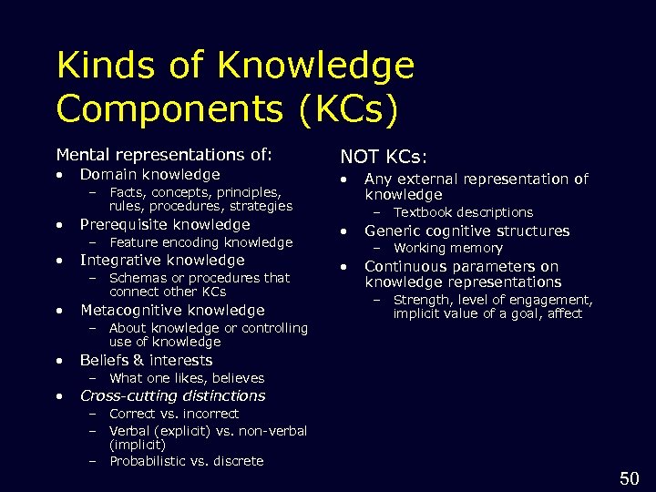 Kinds of Knowledge Components (KCs) Mental representations of: • Domain knowledge – Facts, concepts,