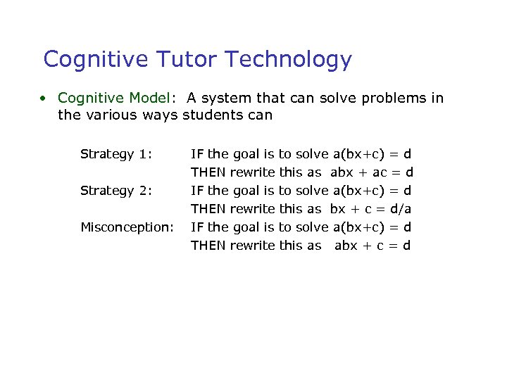 Cognitive Tutor Technology • Cognitive Model: A system that can solve problems in the