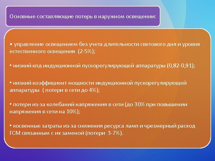 Основные составляющие потерь в наружном освещении: • управление освещением без учета длительности светового дня