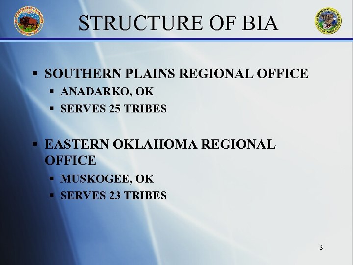 STRUCTURE OF BIA § SOUTHERN PLAINS REGIONAL OFFICE § ANADARKO, OK § SERVES 25