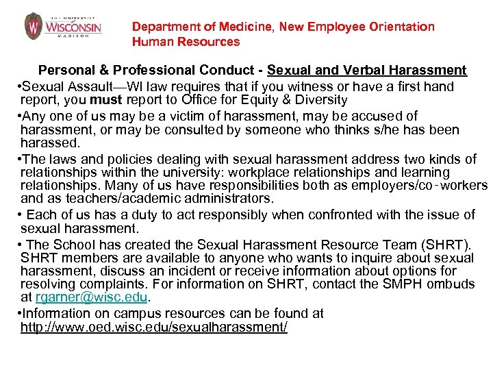 Department of Medicine, New Employee Orientation Human Resources Personal & Professional Conduct - Sexual