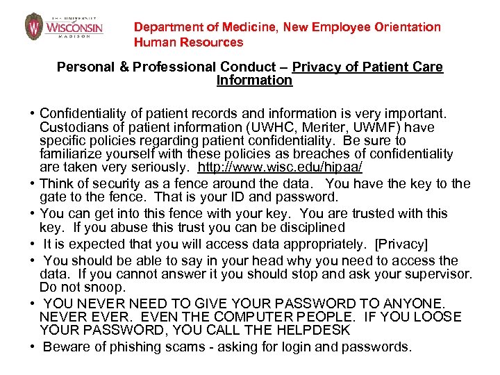 Department of Medicine, New Employee Orientation Human Resources Personal & Professional Conduct – Privacy