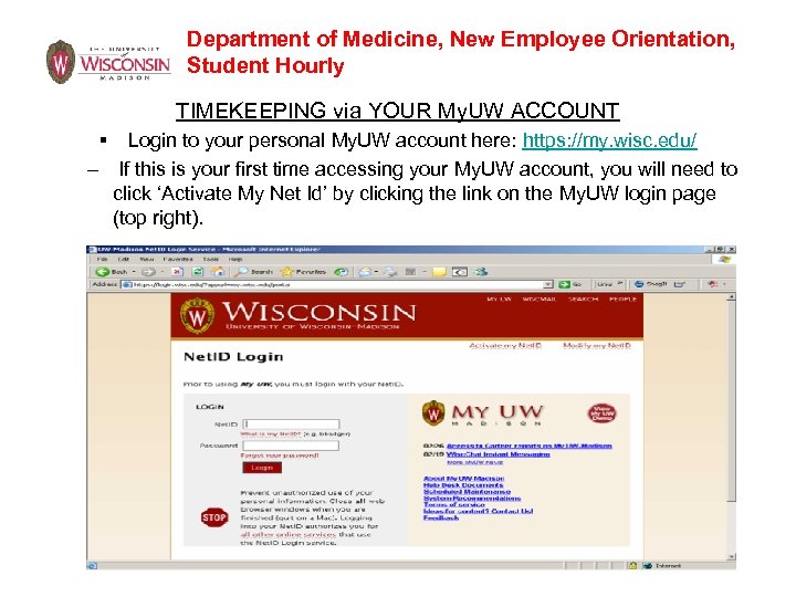 Department of Medicine, New Employee Orientation, Student Hourly TIMEKEEPING via YOUR My. UW ACCOUNT