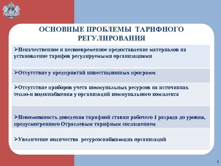  ОСНОВНЫЕ ПРОБЛЕМЫ ТАРИФНОГО РЕГУЛИРОВАНИЯ ØНекачественное и несвоевременное предоставление материалов на установление тарифов регулируемыми