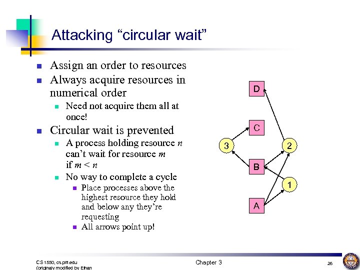 Attacking “circular wait” n n Assign an order to resources Always acquire resources in