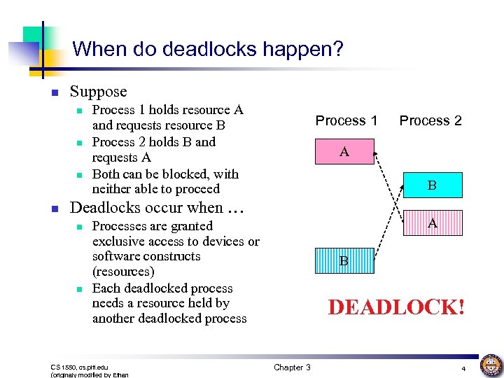 When do deadlocks happen? n Suppose n n Process 1 holds resource A and