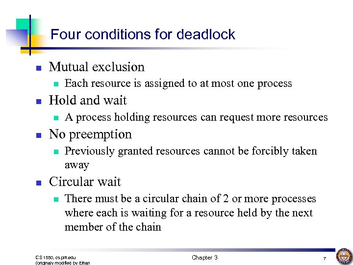 Four conditions for deadlock n Mutual exclusion n n Hold and wait n n