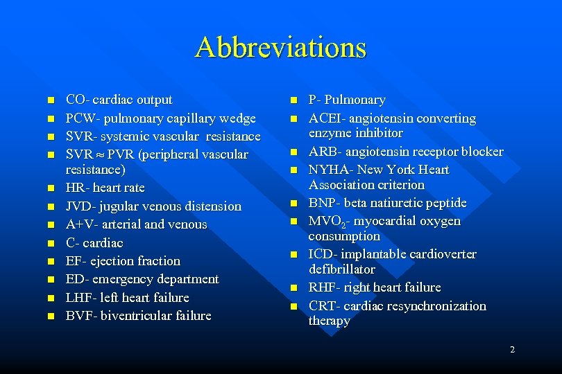 Abbreviations n n n CO- cardiac output PCW- pulmonary capillary wedge SVR- systemic vascular