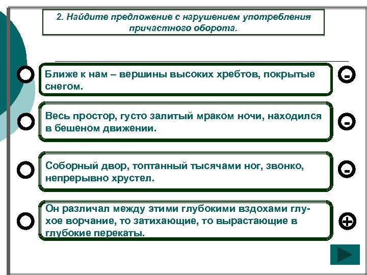 2. Найдите предложение с нарушением употребления причастного оборота. Ближе к нам – вершины высоких