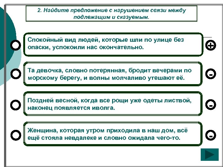 2. Найдите предложение с нарушением связи между подлежащим и сказуемым. Спокойный вид людей, которые