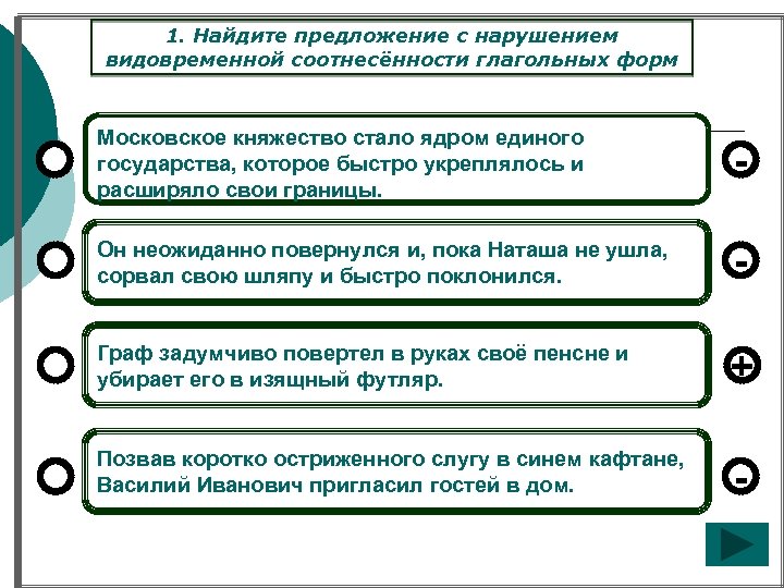 1. Найдите предложение с нарушением видовременной соотнесённости глагольных форм Московское княжество стало ядром единого