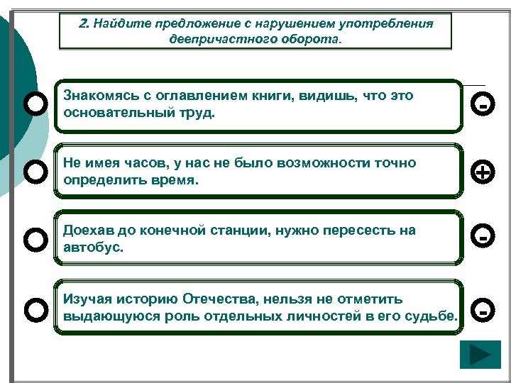 2. Найдите предложение с нарушением употребления деепричастного оборота. Знакомясь с оглавлением книги, видишь, что