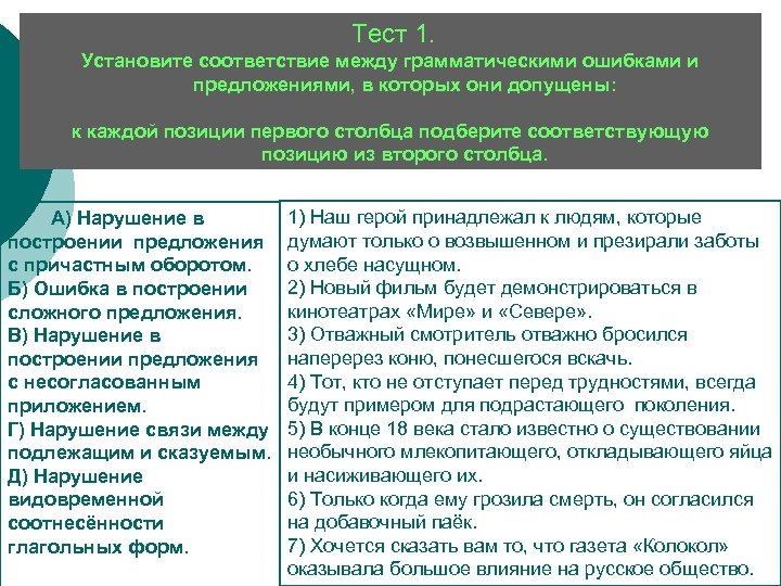 Установите соответствие между грамматическими ошибками