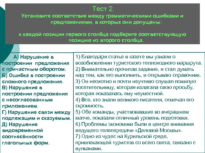  Тест 2. Установите соответствие между грамматическими ошибками и предложениями, в которых они допущены: