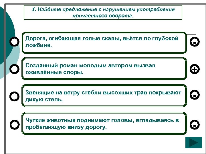 1. Найдите предложение с нарушением употребления причастного оборота. Дорога, огибающая голые скалы, вьётся по