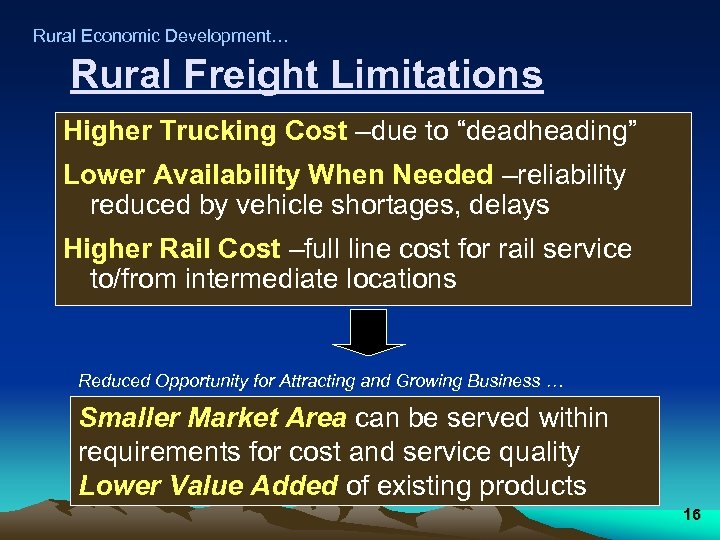 Rural Economic Development… Rural Freight Limitations Higher Trucking Cost –due to “deadheading” Lower Availability
