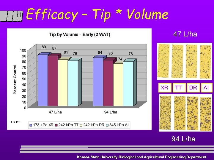 Efficacy – Tip * Volume 47 L/ha XR TT DR AI LSD=2 94 L/ha