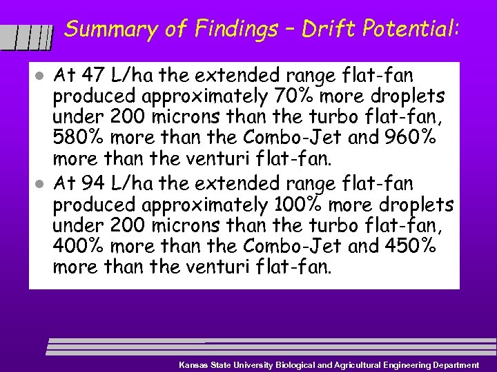 Summary of Findings – Drift Potential: l l At 47 L/ha the extended range