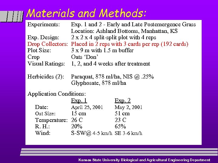 Materials and Methods: Experiments: Exp. 1 and 2 - Early and Late Postemergence Grass