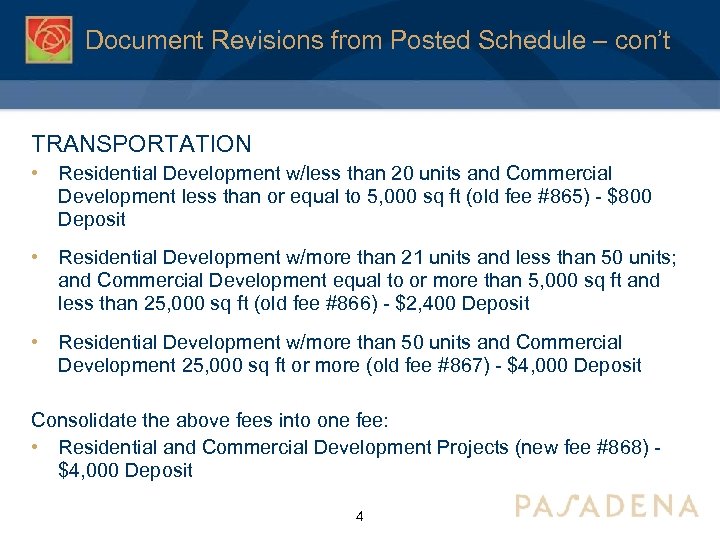 Document Revisions from Posted Schedule – con’t TRANSPORTATION • Residential Development w/less than 20
