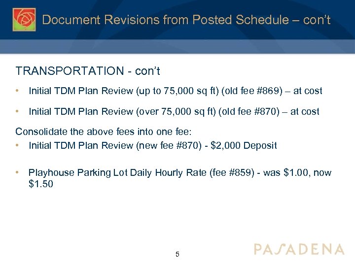 Document Revisions from Posted Schedule – con’t TRANSPORTATION - con’t • Initial TDM Plan