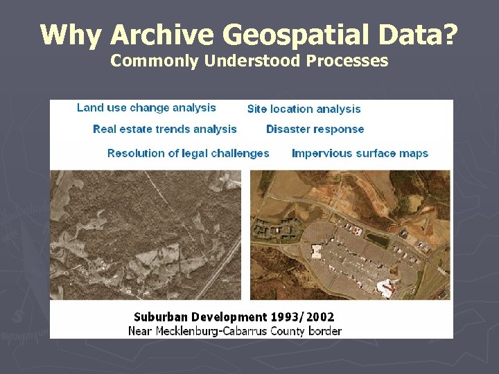 Why Archive Geospatial Data? Commonly Understood Processes 