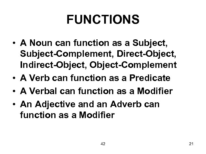 FUNCTIONS • A Noun can function as a Subject, Subject-Complement, Direct-Object, Indirect-Object, Object-Complement •