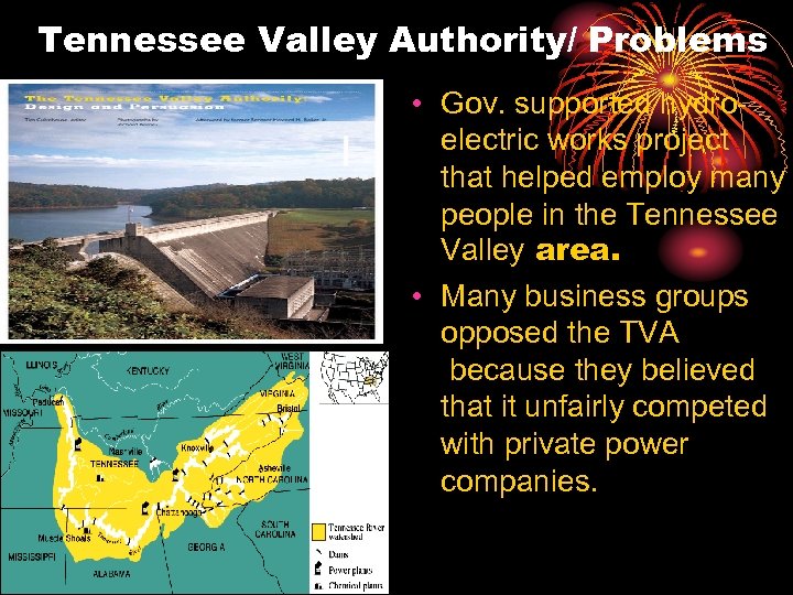 Tennessee Valley Authority/ Problems • Gov. supported hydroelectric works project that helped employ many