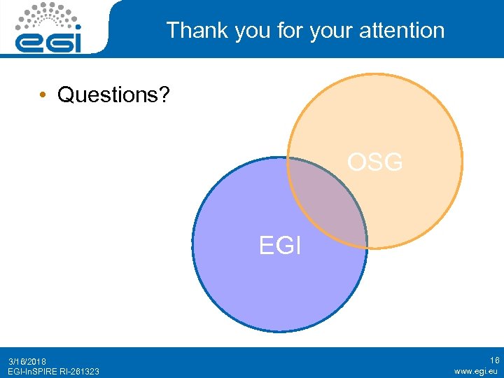 Thank you for your attention • Questions? OSG EGI 3/16/2018 EGI-In. SPIRE RI-261323 16