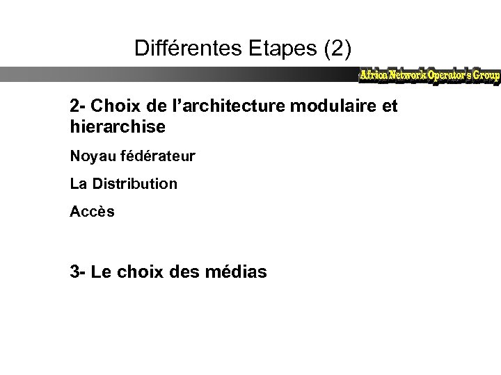 Différentes Etapes (2) 2 - Choix de l’architecture modulaire et hierarchise Noyau fédérateur La