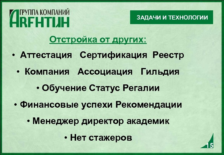 ЗАДАЧИ И ТЕХНОЛОГИИ Отстройка от других: • Аттестация Сертификация Реестр • Компания Ассоциация Гильдия