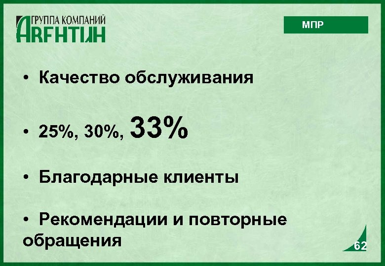 МПР • Качество обслуживания • 25%, 30%, 33% • Благодарные клиенты • Рекомендации и