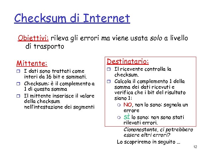 Checksum di Internet Obiettivi: rileva gli errori ma viene usata solo a livello di