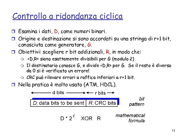 Controllo a ridondanza ciclica r Esamina i dati, D, come numeri binari. r Origine