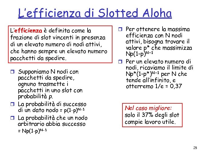 L’efficienza di Slotted Aloha L’efficienza è definita come la frazione di slot vincenti in
