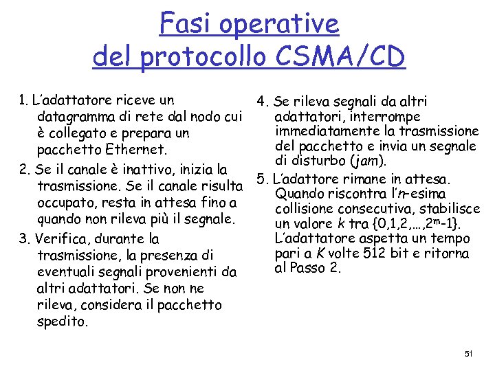 Fasi operative del protocollo CSMA/CD 1. L’adattatore riceve un 4. Se rileva segnali da