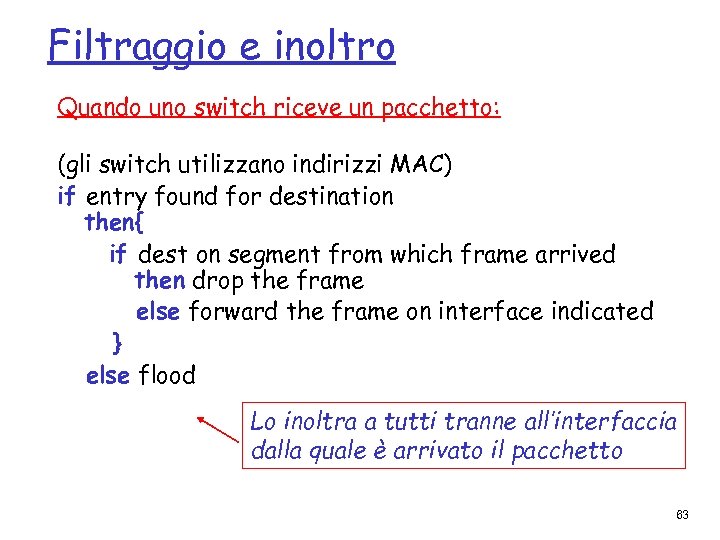 Filtraggio e inoltro Quando uno switch riceve un pacchetto: (gli switch utilizzano indirizzi MAC)