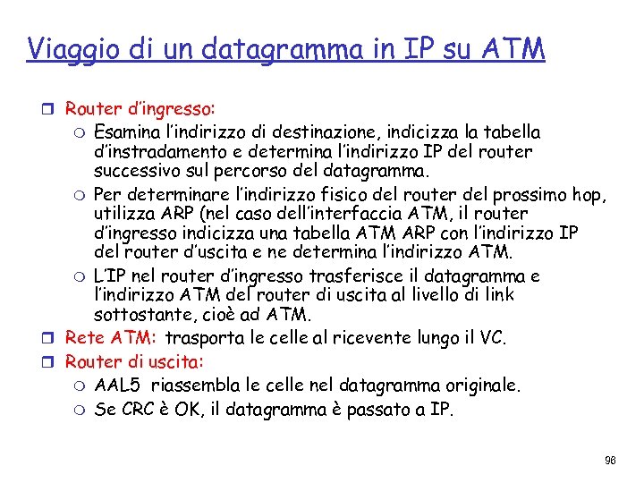 Viaggio di un datagramma in IP su ATM r Router d’ingresso: Esamina l’indirizzo di
