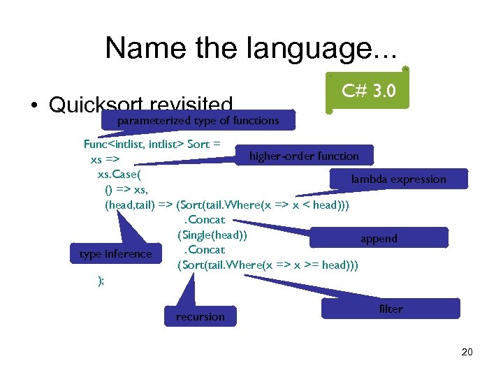Name the language. . . • Quicksort revisited C# 3. 0 parameterized type of